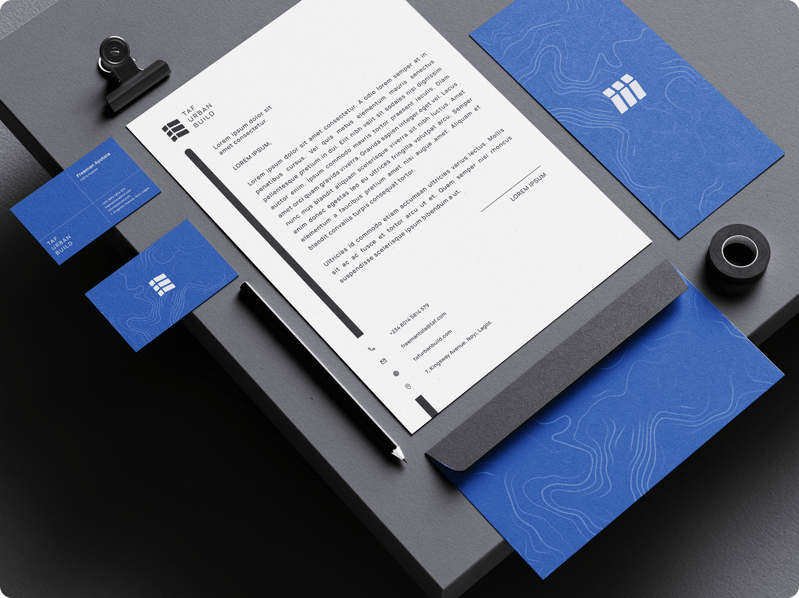 Stationery suite with topographic pattern