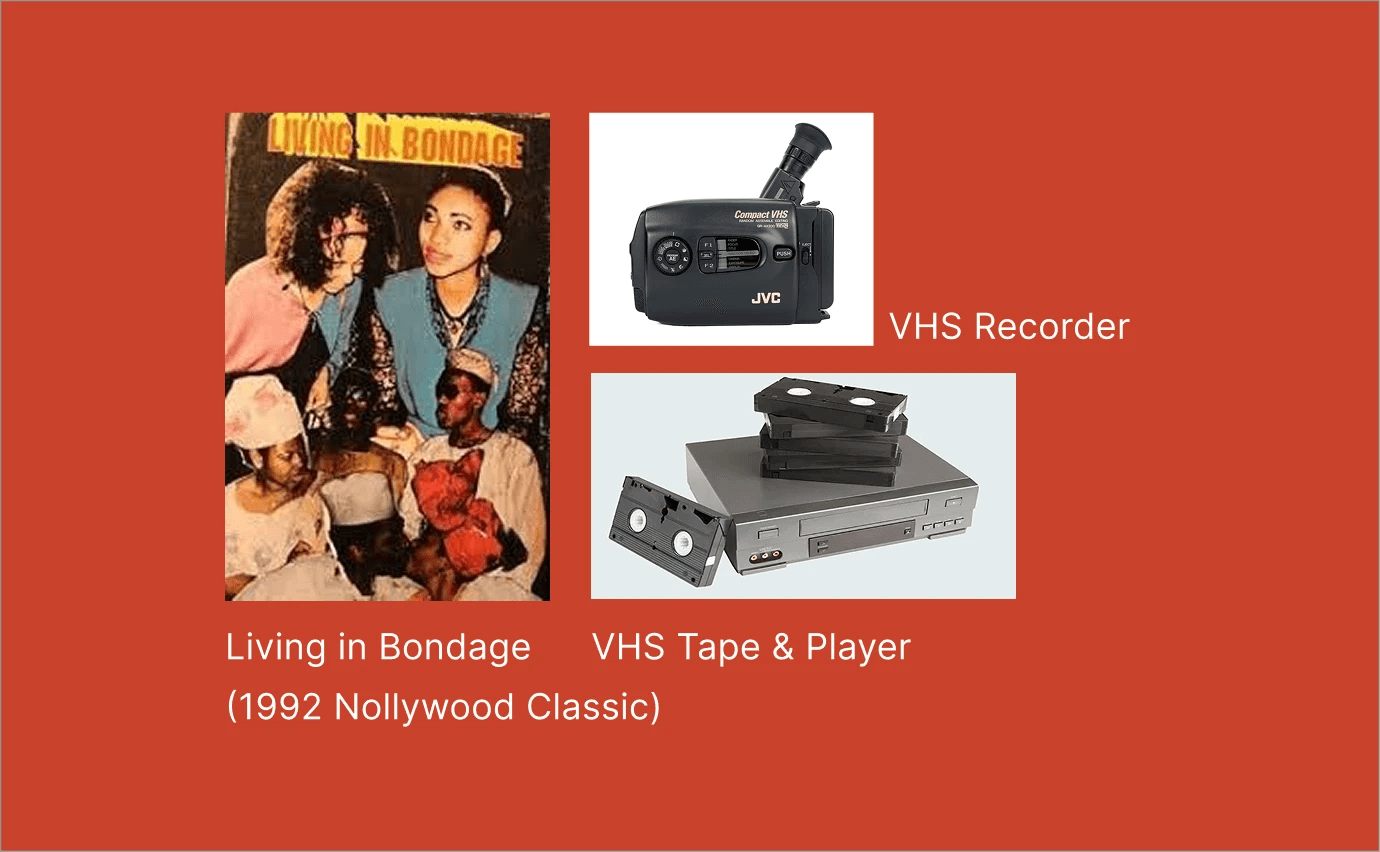 Reference moodboard: Living in Bondage (1992 Nollywood classic), VHS recorder, VHS tape and player