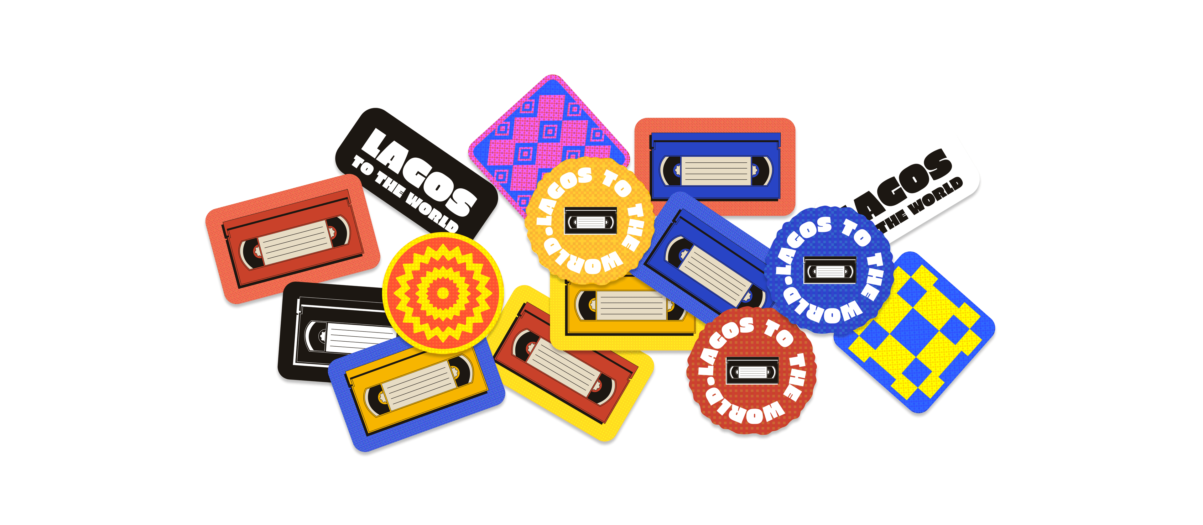 Sticker sheet of VHS tapes and Lagos to the World badges