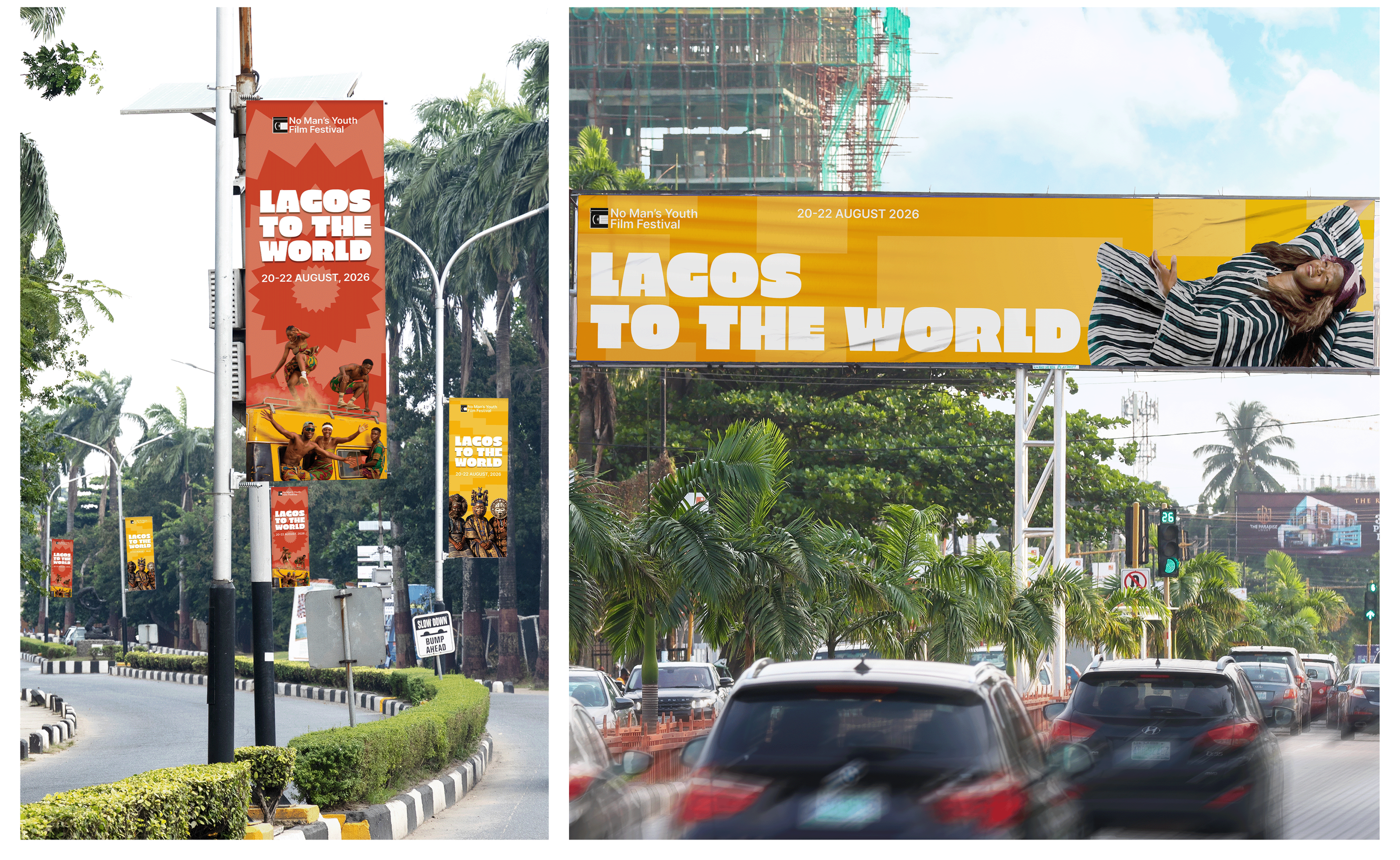 Lagos to the World street banners on Lagos lamp posts and a highway gantry