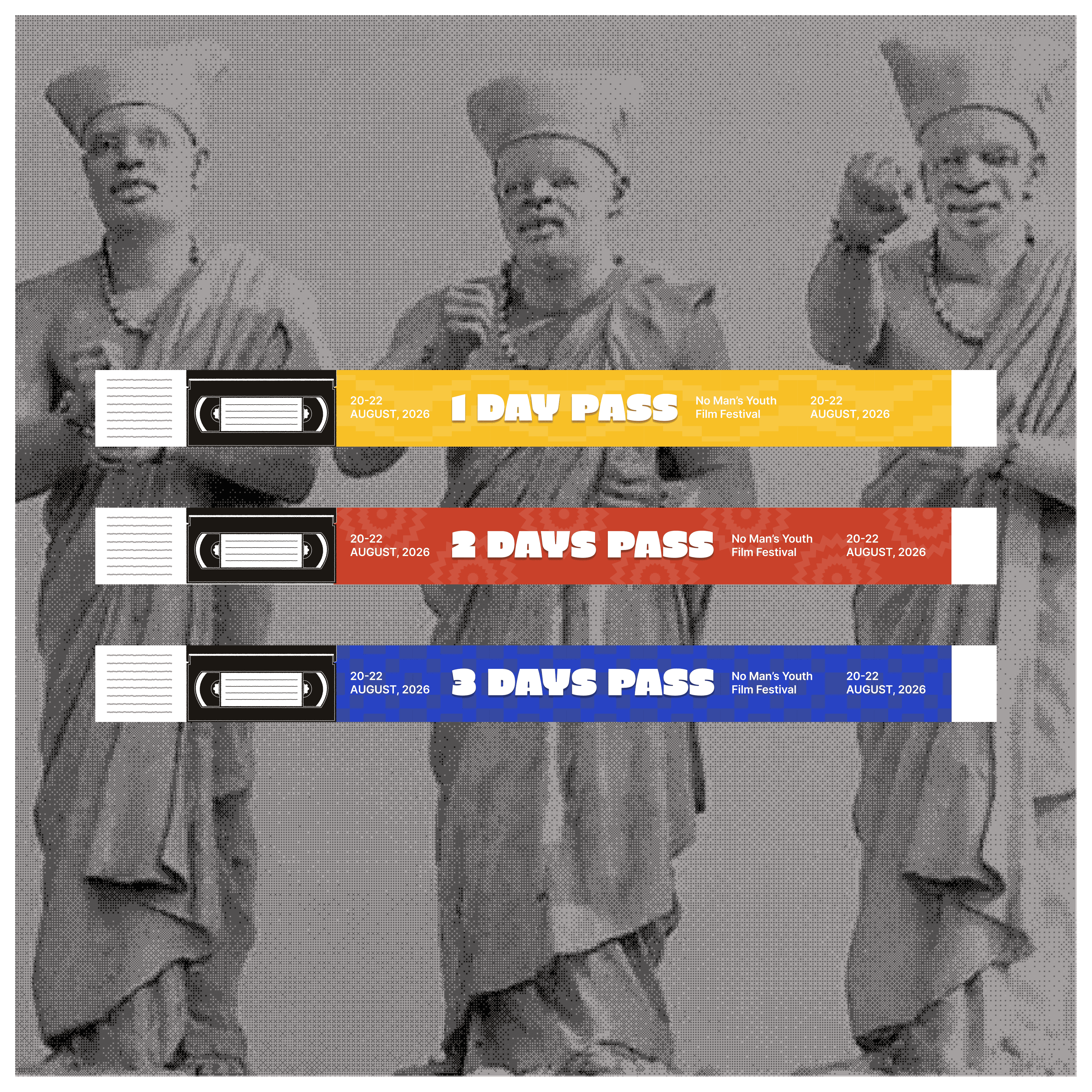 1, 2 and 3 day pass wristbands in VHS tape design