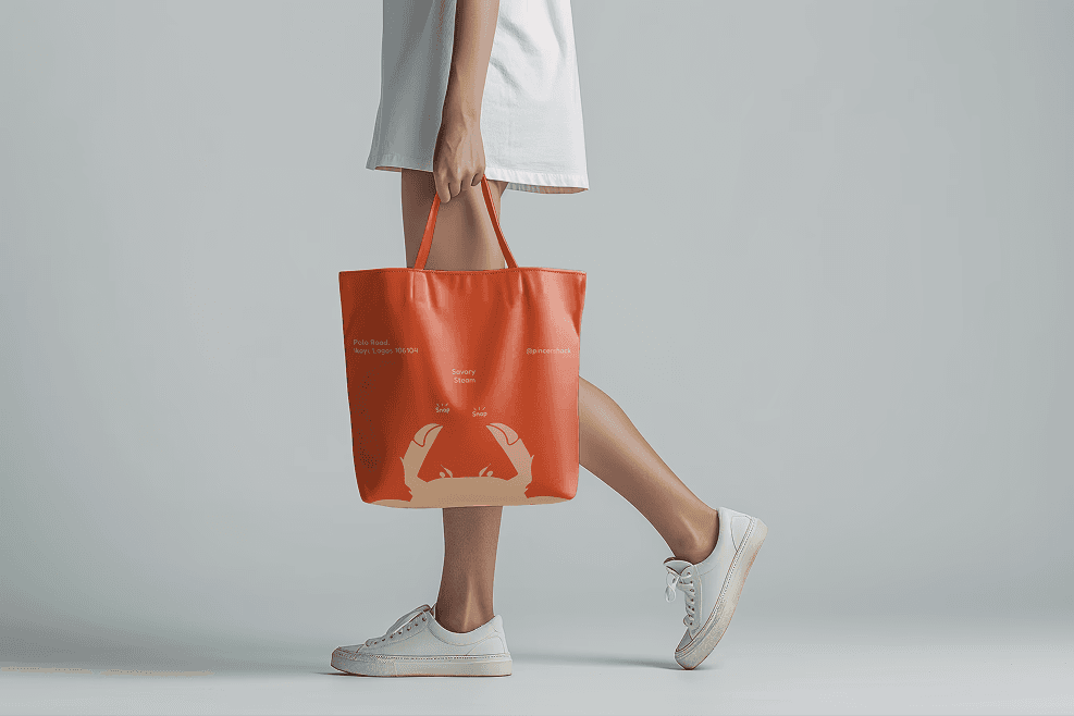 Coral tote bag in use