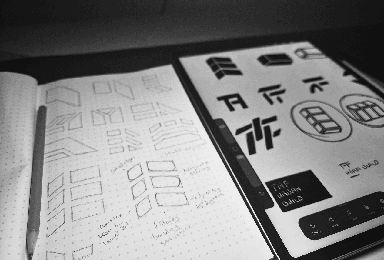 Logo sketch process, notebook and iPad explorations
